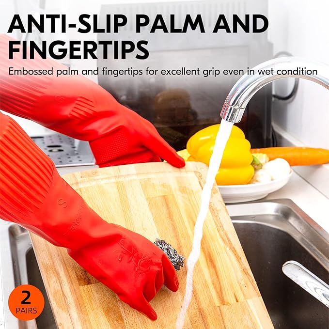 Vgo 2-Pairs Dishwashing Gloves - Reusable Household Kitchen Gloves, Long Sleeve, Thick Latex, Cleaning, Washing, Working, Painting, Gardening, Pet Care (Size M, Red, RB2143)