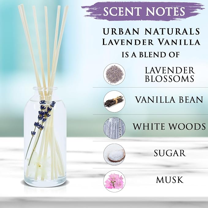 Reed Diffuser Set, Lavender Vanilla - Bathroom Shelf Décor | Room Scent Infuser with Real Lavender & Natural Flowers, Soothing Scent Makes a Great Housewarming Gift
