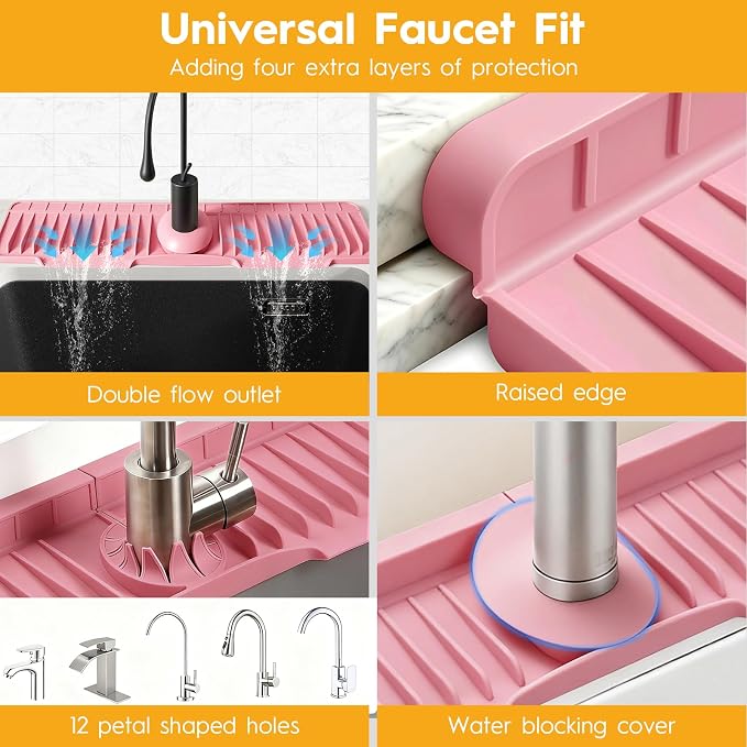 16" Silicone Faucet Mat for Kitchen Sink Released in 2026,8° Slope Fast Self-draining-Kitchen Sink Splash Guard,Bathroom Kitchen Sink Area Water Splash Guard Behind Faucet Draining Mat(Pink)