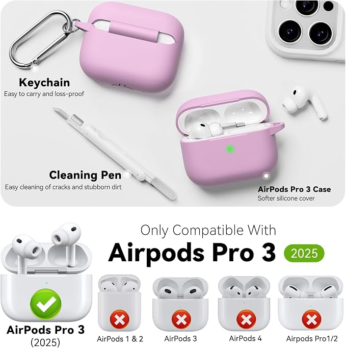 for AirPods Pro 3 Case 2025,Come with Cleaner Kit,Light Lilac | Silicone Protective Cover for Airpod Pro 3rd Generation Case with Keychain,for Women Men,One-Piece Design,Shockproof