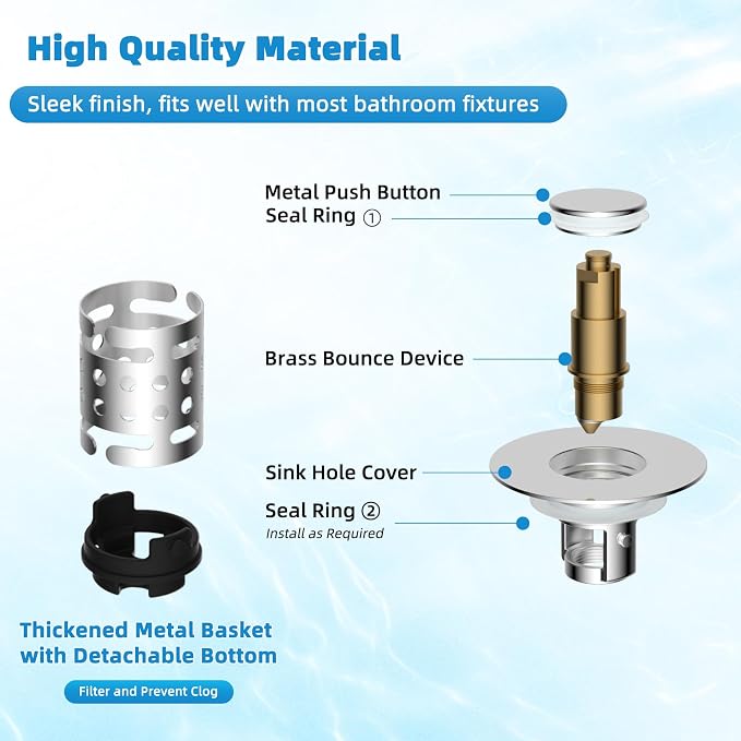 Universal Bathroom Sink Drain Stopper Hair Catcher, Chrome | Upgraded with 2-Layer Detachable Filter Basket, 4 in 1 Pop Up Drain Strainer, Anti-Clog, Fit for 1.1''~2.36'' Sinks