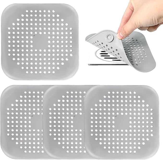 Bathtub Drain Hair Catcher 4 Pack, Silicone Stopper with Suction Cup | Fits shower & kitchen sink drains, prevents clogs, reusable, easy to clean, durable, grey, fits flat & square drains