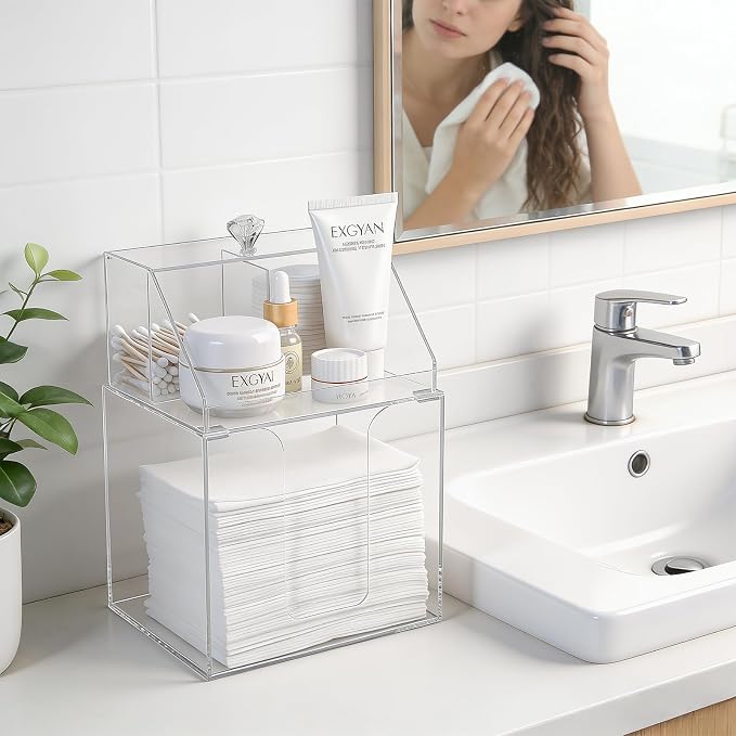 Anyoifax Disposable Facial Towels Storage Double Layer Acrylic Box, Clear | Face Towelettes Holder with Clean Skin Club Clean Towel XL Cotton Pads Container Qtip Bin for Bathroom Counter