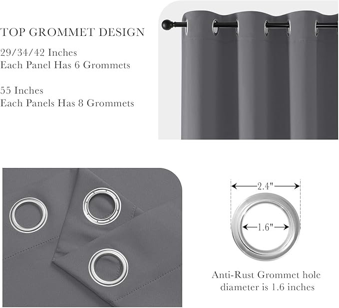 PONY DANCE Grey Short Blackout Curtains for Kitchen 45 Inch Length, Thermal Insulated Grommet Curtains for Bedroom, Black Out Drapes for Bathroom Small Window (2 Panels Set, 34 inches Wide)