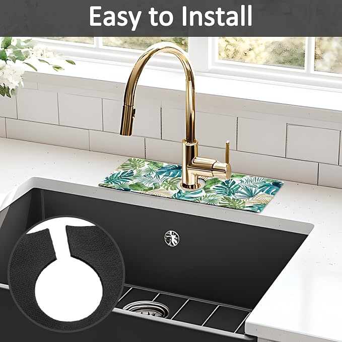 2PCS 15" X 5.5" Kitchen Sink Splash Guard Faucet Mat Leaf Super Absorbent Fast Drying Faucet Guard & Draining Mat Sink Splash Guard Behind Faucet for Kitchen, Bathroom