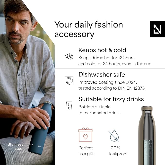 LARS NYSØM Stainless Steel Insulated Water Bottle 12oz 17oz 25oz 34oz 51oz | Insulated Thermo Flask for Hot and Cold Beverages | Leakproof Drinking Bottle (Taupe Brown, 33.9 oz)