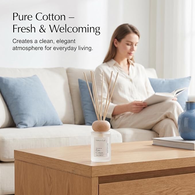 Pure Cotton Reed Diffuser, 3.5 Fl Oz | Clean Cotton Aroma. Long-lasting Fragrance for 12 Weeks, Flameless, Perfect for Bedroom or Office,Kid&Pet Friendly