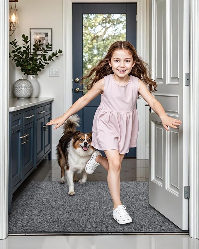 LUMI Indoor Door Mat 24"x36", Ultra Thin Low Profile Non-Slip Doormat for Home Entrance, Absorbent & Stain-Resistant Welcome Mats, Washable Entryway Mat for Front Door, Patio, Porch, Grey