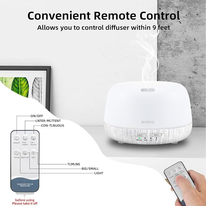 SEEDSEEL 300ML Essential Oil Diffuser with Remote Control, Aromatherapy Diffuser with 7-Color Changing LED Light for Bedroom, Home