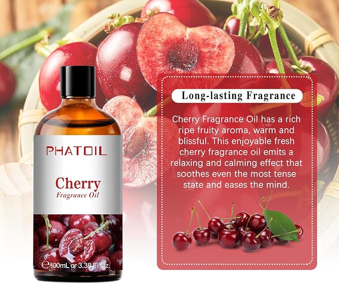 PHATOIL Cherry Fragrance Oil for Diffuser Aromatherapy 3.38FL.OZ | Long Lasting Scented Oils For Humidifier, Air Freshener, DIY Soap Candle, Scent Project Making, Aroma Oil for Home Freshening