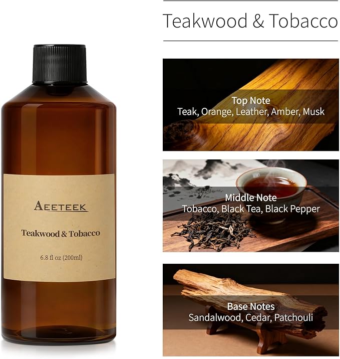 Reed Diffuser, Teakwood & Tobacco Essential Oil Refill | 6.8 oz (200ml) Musk Scented Oil, Handmade Home Air Freshener with Sticks, , Long-Lasting Room Scent for Office, Bathroom