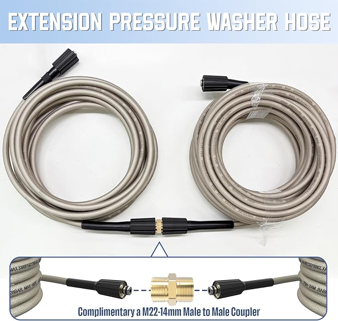 PVC Pressure Washer Hose 50 FT x 1/4", Kink Resistant Power Washer Hose, High Pressure Water Hose Extension Replacement for Home Use with M22-14mm Brass Fittings, 3300 PSI, Gray