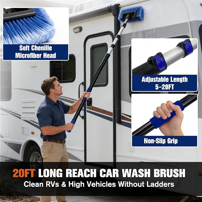 20FT Car Wash Brush with Long Handle - Car Cleaning Kit with 8 Attachments, 180° Rotating Mop, Foldable Bucket, Scratch-Free Soft & Hard Brushes for Cars, Trucks, SUV, RV, Home Windows & Siding