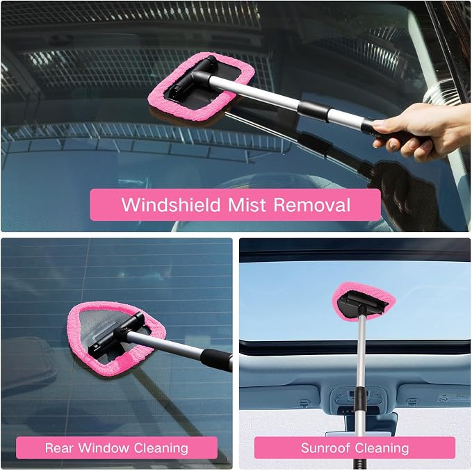 Qydipclin 11pcs Windshield Cleaner Tool, Car Window Cleaning Wash Kit with 6 Reusable Microfiber Pads 2 Spray Bottles and Extendable Handles Auto Glass Wiper Kit, Pink