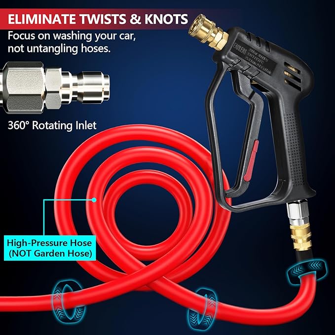 Short Pressure Washer Gun with Swivel, 4000 PSI Power Washer Gun, M22 14mm/15mm & 3/8" QC Inlet, 1/4" Quick Connect for Foam Cannon, Car Wash, Patio & Driveway