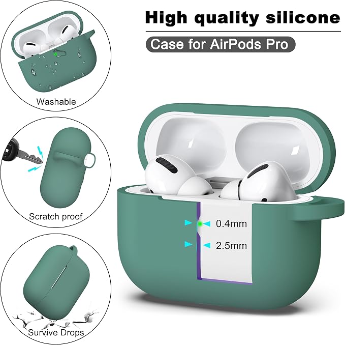 R-fun for AirPods Pro 2 Case, Soft Silicone Protective Cover with Keychain and Cleaning Pen, Compatible with AirPods Pro 2nd/1st Generation, Supports Wireless Charging, Pine Green