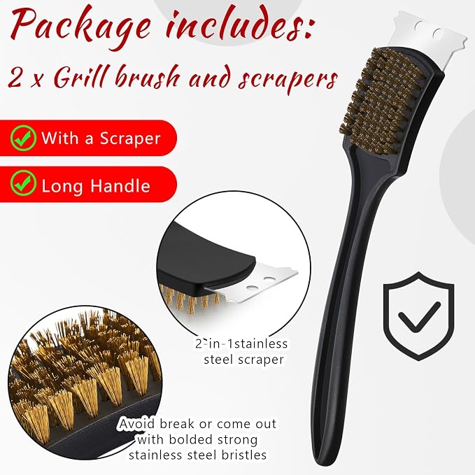 CHENGU 2 Pcs 12 Inch BBQ Grill Brush for Outdoor Grill and Scraper Stainless Steel Wire Extra Strong BBQ Cleaner Heavy Duty Barbecue Cleaning Brush Cleaner