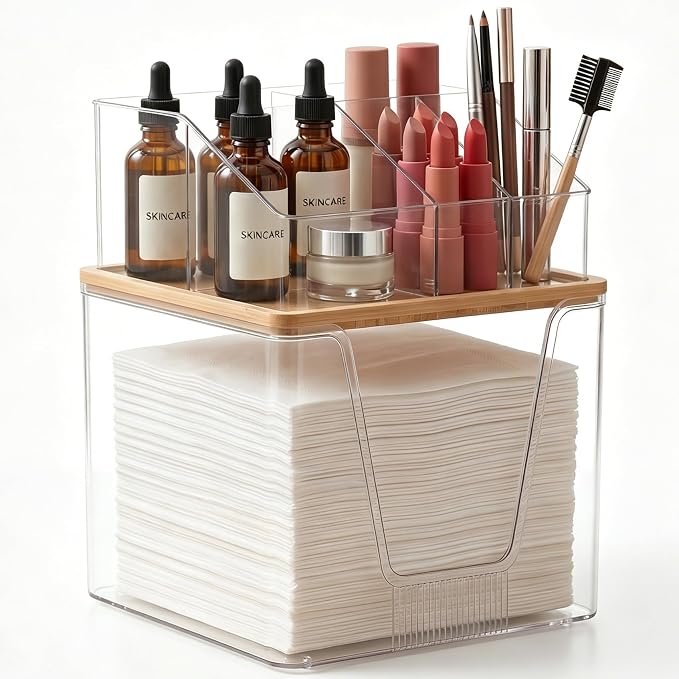 Disposable Facial Towels Holder, 2 in 1 Facial Towels Storage Box | Clear Acrylic Box with Bamboo Lid Stackable Vanity Organizer Cosmetics Organizer Compatible with Clean Skin Club Towel XL