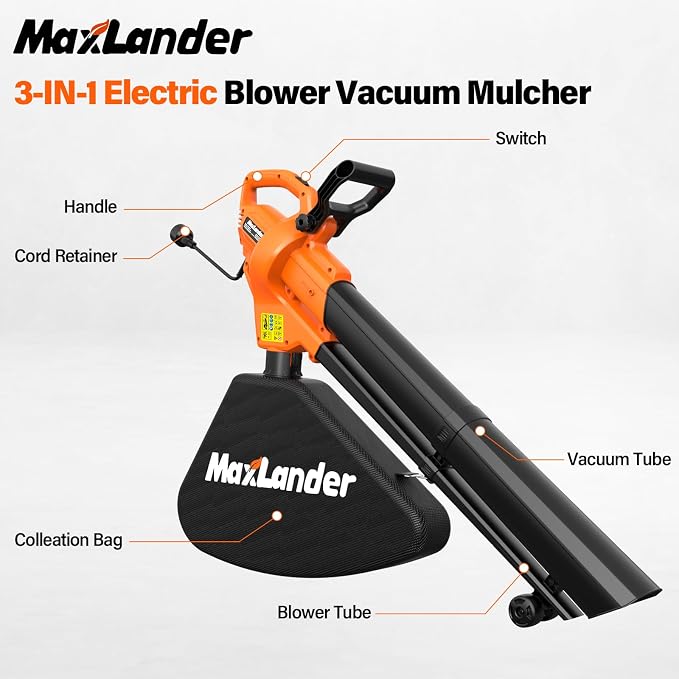 MAXLANDER 3 in 1 Electric Corded Leaf Blower, Leaf Vacuum and Leaf Mulcher | 460CFM 170MPH Powerful Leaf Vacuum with 34L Collection Bag, 10:1 Mulch Ratio, Corded Leaf Blowers for Lawn Yard Cleanup