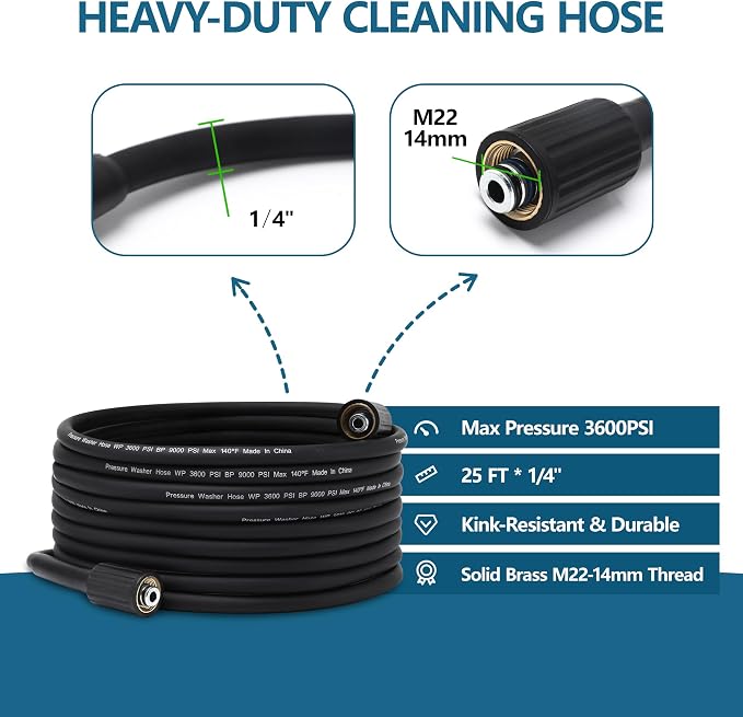 Pressure Washer Gun and Hose Kit 25FT, Pressure Power Washer Hose with Spray Gun, Wand Extension, 5 Nozzle Tips, M22-14mm Fittings, 3600 PSI