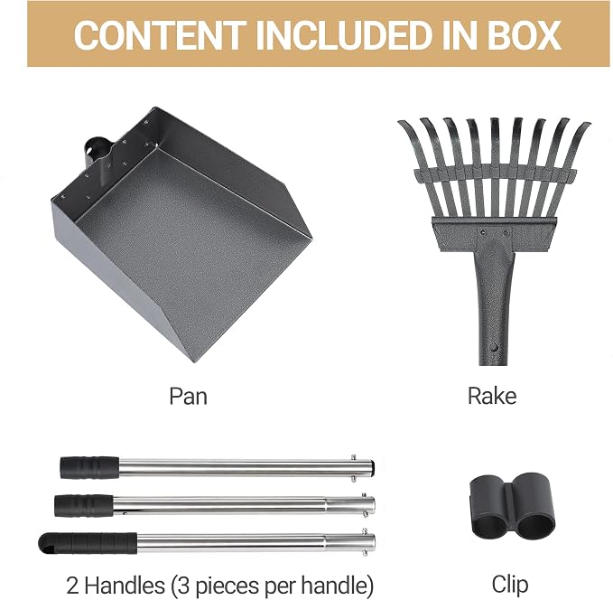 Dog Pooper Scooper, Dog Poop Tray and Rake Set with Long Stainless Handles | Pet Waste Removal Scoop with Adjustable Sectional Handles