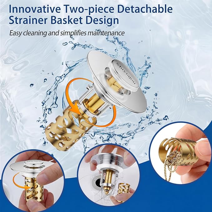 3-in-1 Universal Sink Drain Strainer,Muyiajou Pop Up Stopper with Hair Catcher, Stainless Steel Replacement Plug with Removable Filter Basket for 1.1" to 2.36" Bathroom Sink Basin (1, Gold)