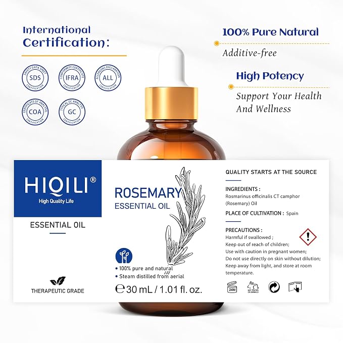 HIQILI Rosemary Essential Oil for Hair Care, Skin Care & Aromatherapy | Add to Diffuser for a Refreshing Atmosphere, Blend Into DIY Candles and Sprays for an Uplifting Scent —30mL / 1.01 fl oz