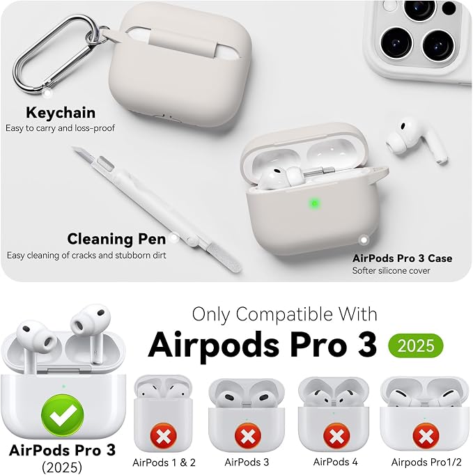 for AirPods Pro 3 Case 2025,Come with Cleaner Kit,Stone | Silicone Protective Cover for Airpod Pro 3rd Generation Case with Keychain,for Women Men,One-Piece Design,Shockproof