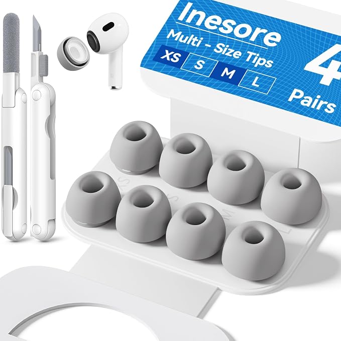 Inesore 4 Pairs Replacement Ear Tips for AirPods Pro 2nd/1st (Grey) | with Noise Reduction Hole & Built-in dust Guard Screen,Silicone,with Portable Storage Box & Cleaner Pen,4 Size (XS/S/M/L)