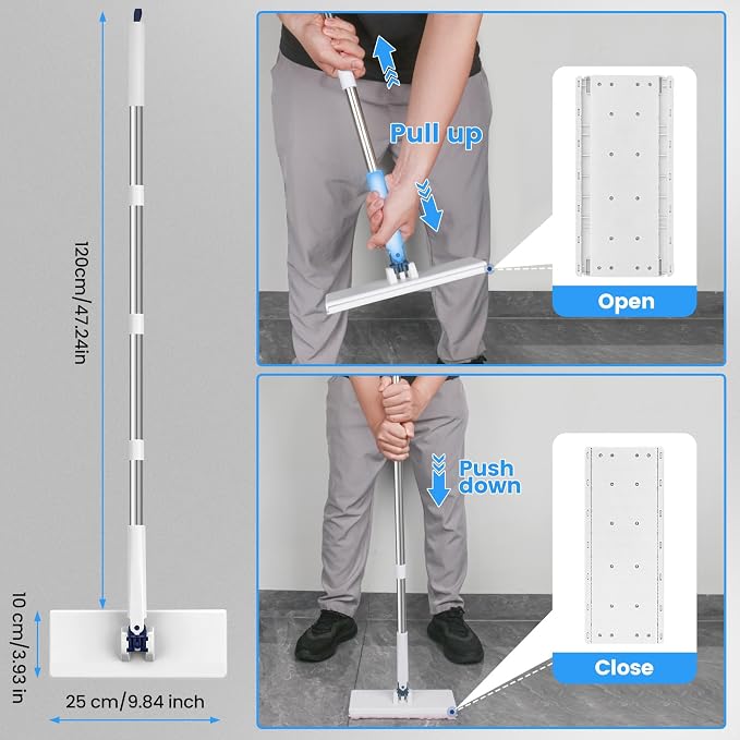 Snap Grip Mini Mop with 6 Washable Pads, Zero-Touch Flat Floor Mop for Wall | Lazy Dry Wet Mops with 47" Handle, Dust Mop Household Items for Floor Cleaning Window Ceiling Home Kitchen Bathroom