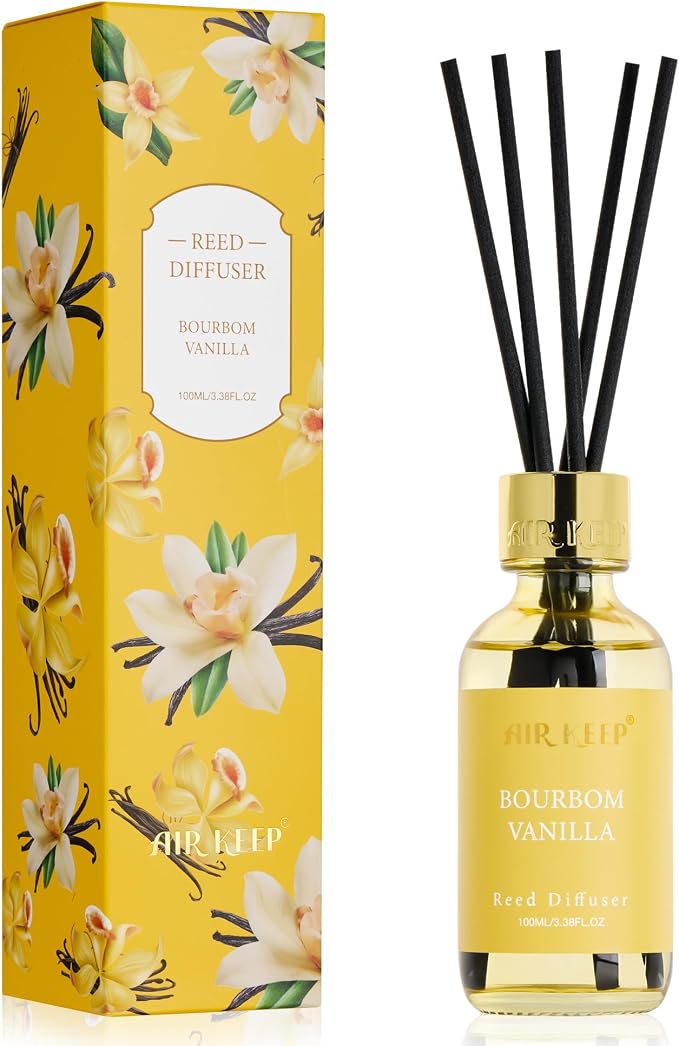 Reed Diffuser Set, 3.38 fl oz (100 ml) - Bourbom Vanilla Oil Diffusers with 8 Reed Sticks, Home Fragrance Reed Diffuser for Bathroom Shelf Decor