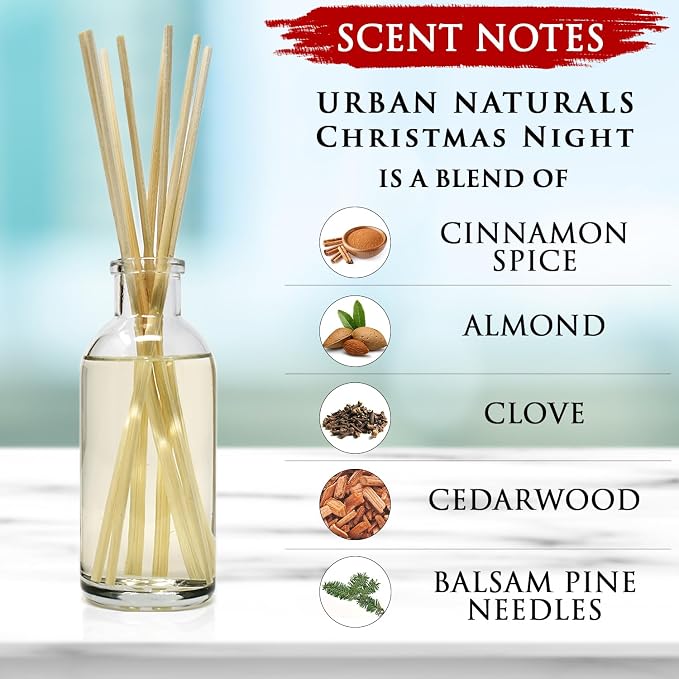 Reed Diffuser Set, Christmas Night - Bathroom Shelf Décor | Cinnamon spice, Almond, Clove, Cedarwood, Fresh Balsam and Fir needle, Made in the USA