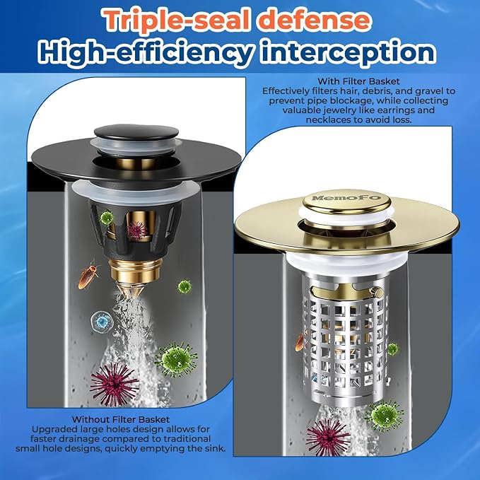 Bathroom Sink Drain Strainer(2PCS), Stainless Steel Pop-up Strainer Basket Hair Catcher with Removable Basket, Brass Bullet Core, Universal Fit 1.1-2.36 Inch Brushed Gold