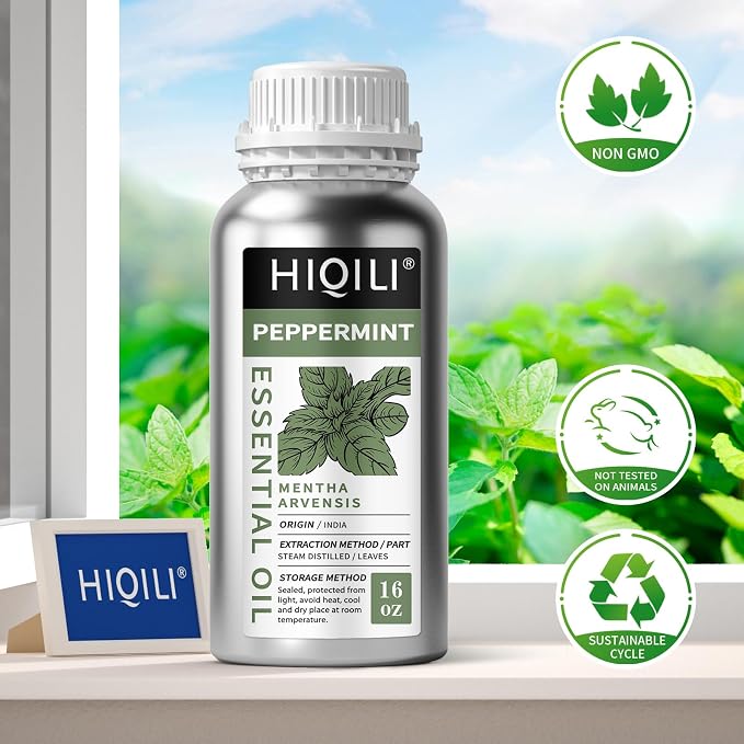 HIQILI Peppermint Essential Oil for Freshening Air, Hair Care & DIY | Refreshing Minty Aroma for Soap Making, SPA & Home Use - 500ml / 16.9 fl oz