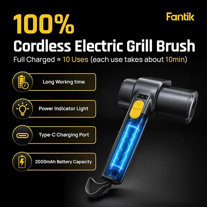 Fantik Electric Grill Brush, Cordless Rechargeable BBQ Grill Cleaner | Built-in LED for Night Use, w/550 RPM, Reinforced 304 Stainless Steel & Dishwasher Safe Removable Brushes, for Outdoor Grill