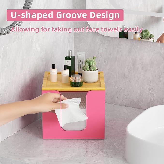 VITVITI Disposable Face Towel Holder for Clean Skin Club, Acrylic Box Pink | 50 XL Face Towels Holder Container, Facial Towel Storage with Bamboo Lid, for Bathroom, Vanity Makeup