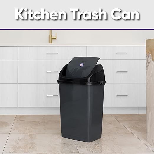 Superio 13 Gallon Plastic Swing Lid Trash Can, Grey/Black 2 Pack, Ideal for Home, Office, Garage, Patio, and Outdoor Use