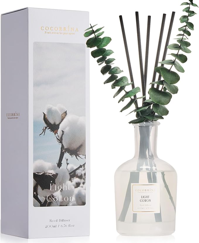 Light Cotton Reed Diffuser, 6.76 oz | Real Dried Eucalyptus Leaves, 8 Reeds, Long-Lasting Essential Oil, Home Fragrance, Bedroom or Bathroom Décor