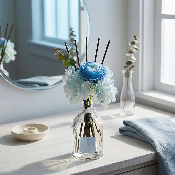 Reed Diffuser - Mint & Eucalyptus 8.5 Fl.oz Flower Reed Diffuser with Sticks, Bedroom Bathroom Shelf Decor (Floral Basket Collection)