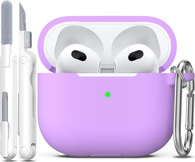 R-fun Compatible with AirPods 3 Case Cover, Silicone Protective Accessories Skin with Keychain Compatible with Apple AirPod 3rd Generation 2021 for Women Men Girls Boys,Front LED Visible,Lavender