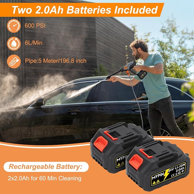 Portable Cordless Pressure Washer,600PSI Handheld Car Washer Two Batteries | 21V Rechargeable 2.0Ah Powered Pressure Washer, 6-in-1 Nozzle Operated Washer for Car/Fence/Garden/Floor/Yards/Pet Cleaning