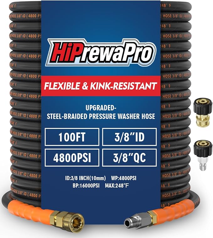 3/8" ID Pressure Washer Hose 100 ft, 4800 PSI Steel-Braided & Durable - Flexible & Kink-Resistant, Power Washer Hose with Swivel Quick Connect & M22-14mm Adapter, Hot/Cold Water Compatible