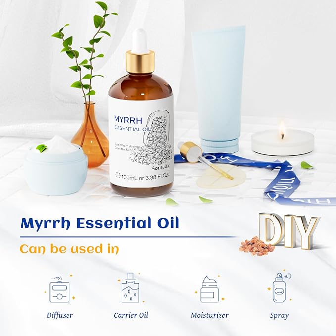 HIQILI Myrrh Essential Oil for Skin, DIY Candle & Diffuser | Nourishing Skin Complexion, Creating Gentle Aroma Atmosphere for DIY Candle & Fragrance Crafting – 100mlL/ 3.38 fl oz