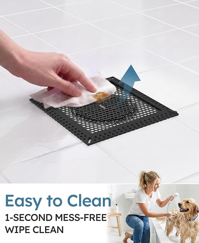 Square Shower Drain Hair Catcher, Flat Shower Drain Hair Catcher, Anti-Clogging Fast Drainage, Anti-Slip, Easy Clean Fits Bathroom Hair Catcher for Shower (Matte Black, 6 inch)
