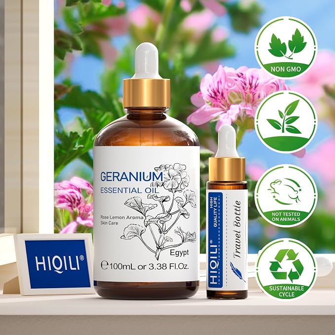 HIQILI Geranium Essential Oil for Skin Care & Aromatherapy diffusing | Calming Scent for Meditation & Relaxation, Ideal for Hair Care, Massage, DIY Candles & Air Freshening - 100ml / 3.38 fl.oz