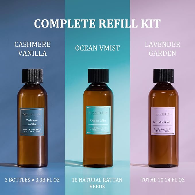 Reed Diffuser Refill Set, 10.2oz Scented Oil Refill 3 Pack, Cashmere Vanilla, Ocean Mist, Lavender Garden, Long Lasting Oil Diffuser Refill with 18 Sticks for Bathroom & Bedroom