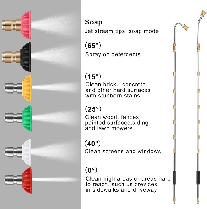 Mudder 25 Pcs 10ft Pressure Washer Extension Wand Sets for Gutter Cleaning with 7 Replacement Lance, 2 Curved Rod (30 or 120 Degree), 6 Spray Nozzle Tips, 10 O-rings, 1/4" Quick Connector, 4000 Psi