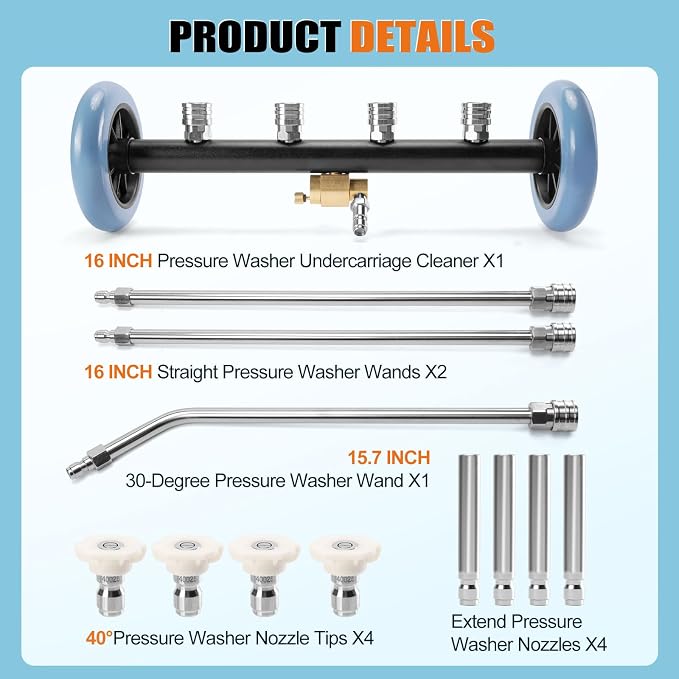 3-In-1 Under Carriage Pressure Washer, 16 Inch Pressure Washer Water Broom | Pressure Washer Undercarriage Cleaner Attachment for Power Washer Surface Cleaner with 3 Extension Wands and 8 Nozzles