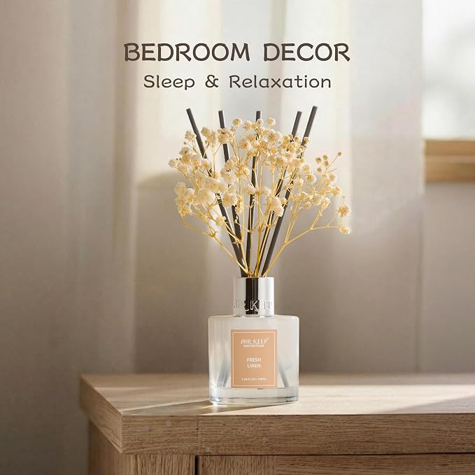 Reed Diffuser Set,3.38 fl oz (100 ml) - Fresh Linen Oil Diffusers with 8 Reed Sticks, Home Fragrance Reed Diffuser for Bathroom Shelf Decor