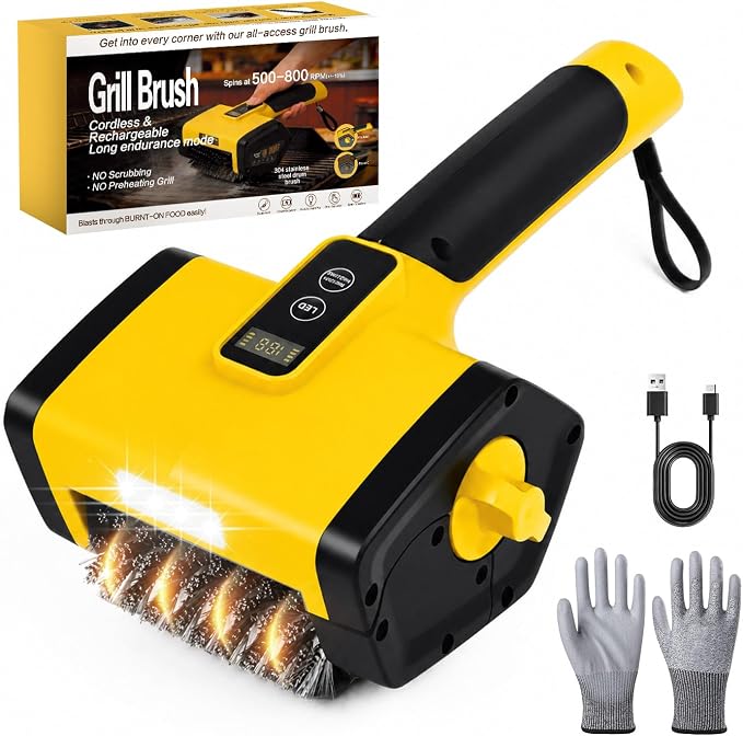 Electric Grill Brush, 800RPM Powerful BBQ Grill Cleaner with Digital Display, 360° Adjustable Angle, 240-Min Runtime, 4000mAh Variable Speed Grill Brush with Stainless Steel Head for Outdoor Grill